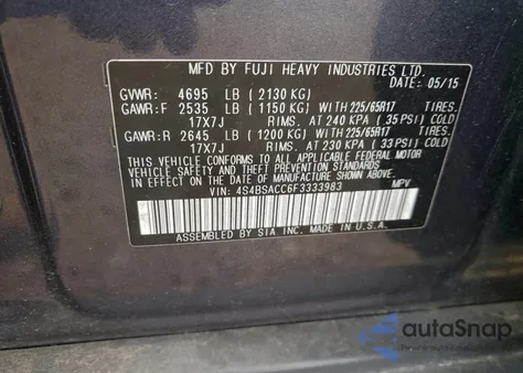 2015 Subaru Outback 2.5I Premium z USA, uszkodzony, nr VIN 4S4BSACC6F3333983